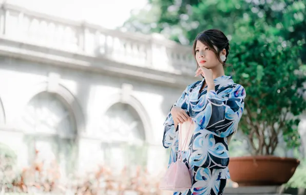 Girl, kimono, Asian, bokeh