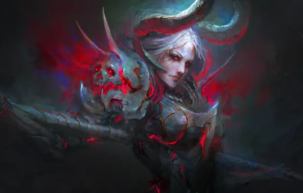 Picture look, fiction, skull, art, horns, armor, demoness, Daniel Kamarudin