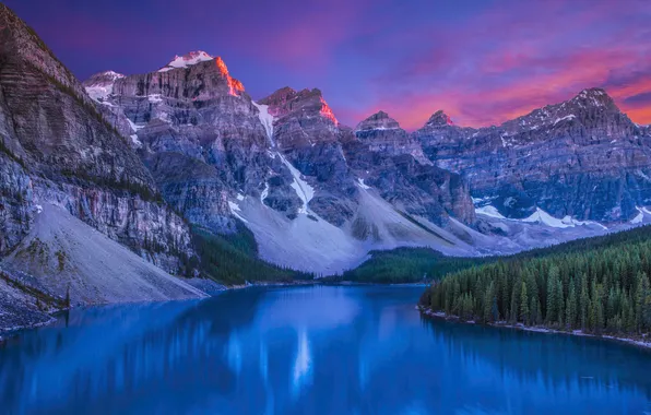 Forest, clouds, lake, shore, the slopes, tops, Canada, Moraine