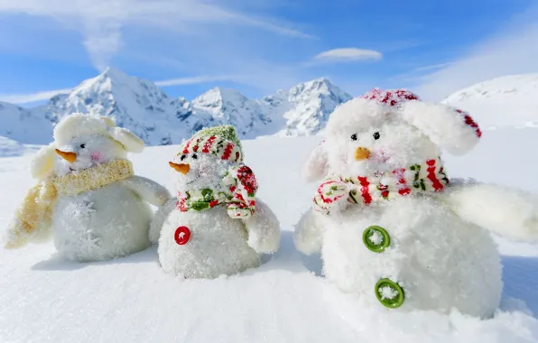 Winter, snow, mountains, nature, new year, snowmen, White snowmans, 2015