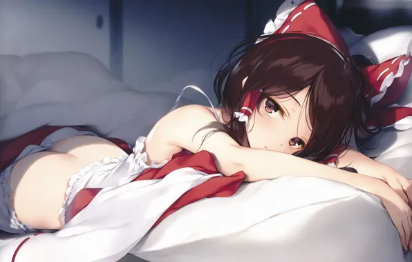 Bed, lies, pillow, touhou, art, ruffles, looking at the camera, Hakurei Reimu