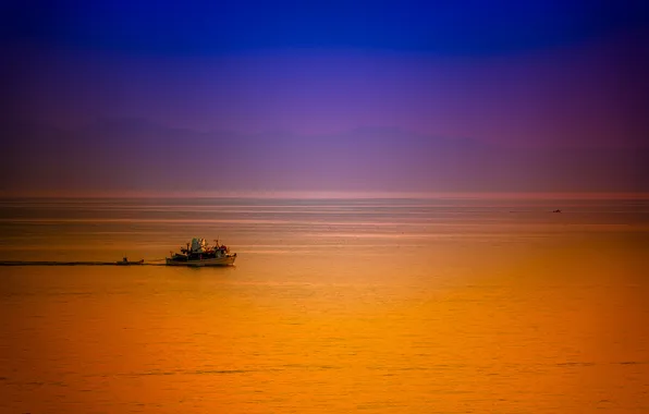 Sea, the sky, mountains, ship, glow