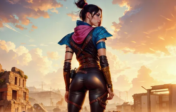 The sky, girl, the city, ruins