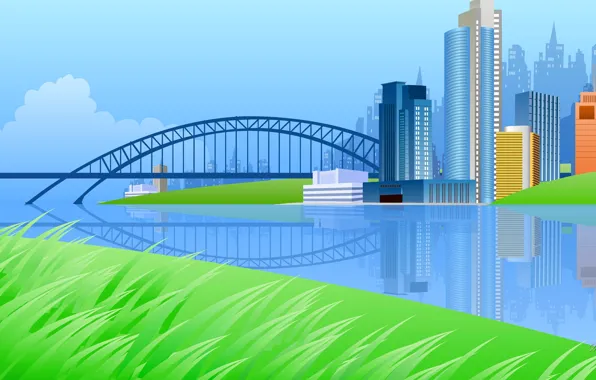 Picture grass, bridge, the city, river, home, vector, postcard