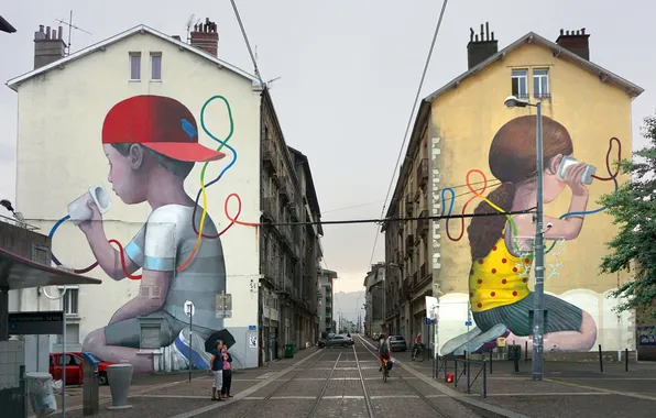 Picture road, the sky, children, city, the city, street, building, horizon