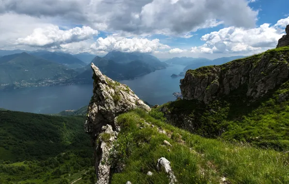 Clouds, mountains, lake, Alps, panorama, Italy, Alps, lake Como