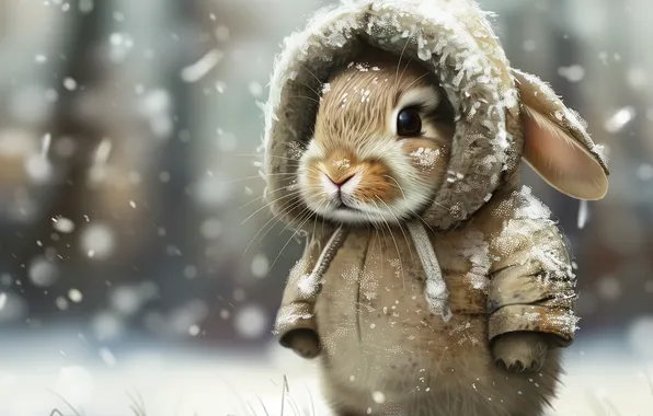 Winter, look, snow, hare, rabbit, face, coat, AI art