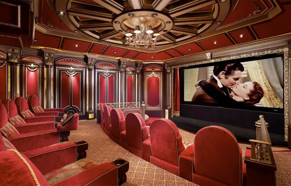 Interior, chairs, cinema, screen, home, chandelier.