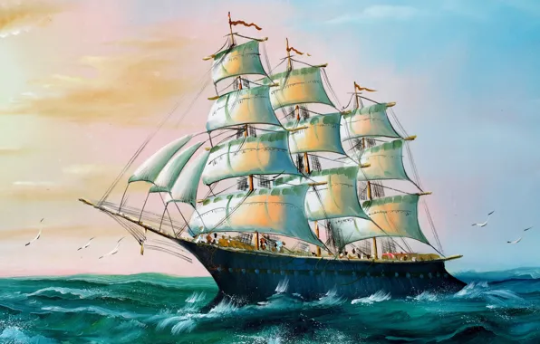 Sea, Figure, Birds, Ship, Sailboat, Day, Seagulls, Painting