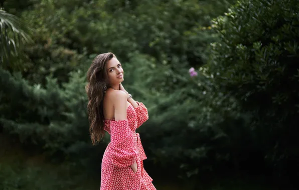 Picture look, girl, nature, pose, smile, hair, dress, beauty