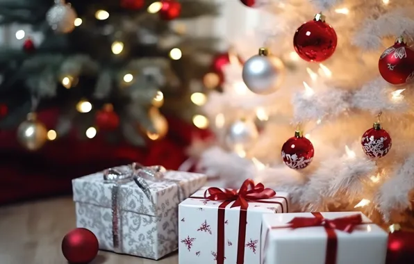 Balls, branches, lights, room, Christmas, gifts, red, New year