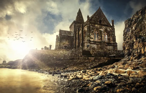 Picture the sun, stones, castle, wall, romance, seagulls, masonry, pond