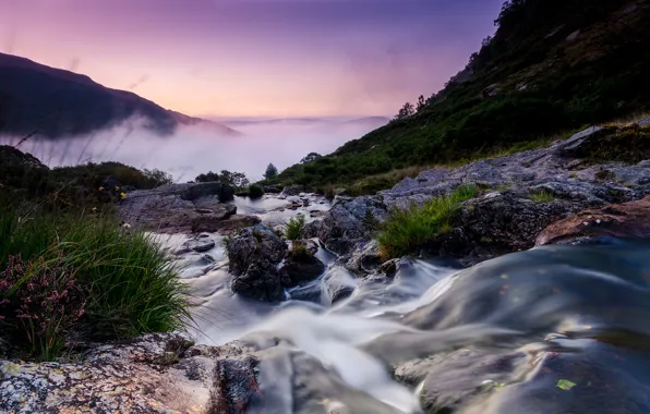 Landscape, mountains, fog, river, stones, stream, morning, UK