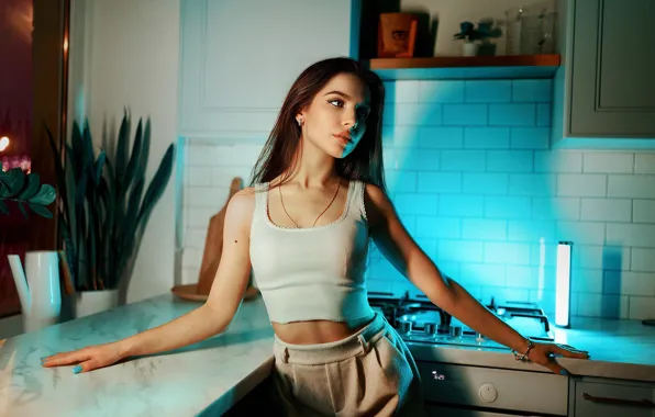Shorts, model, women, brunette, plants, kitchen, white shorts, tank top