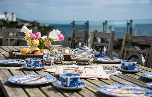 Flowers, tea, Breakfast, Newspapers, buns, terrace, Cornwall, lunch