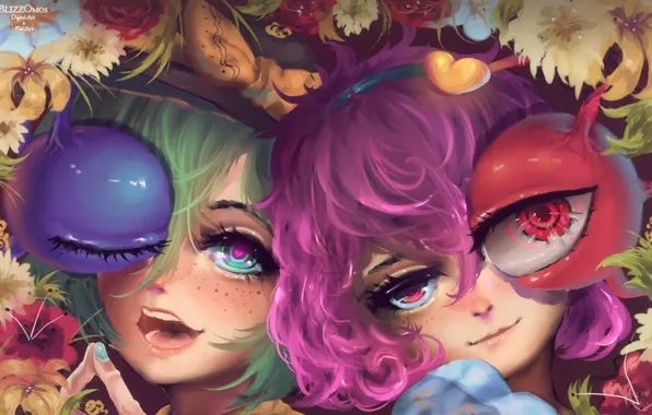 Face, eyelashes, flowers, art, big eyes, Touhou Project, Komeiji Satori, Project East