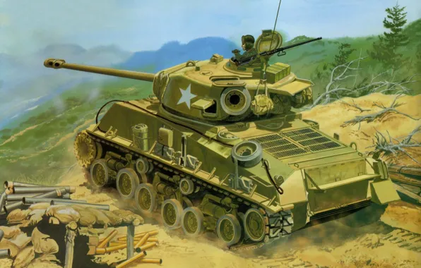Art, tank, shooting, average, Sherman, as, used, positions.