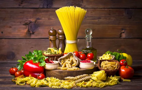 Pepper, still life, tomatoes, spaghetti, tomatoes, spices, pasta