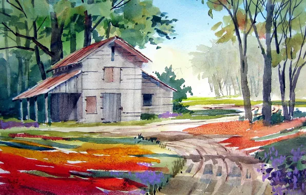 Picture landscape, house, picture, watercolor