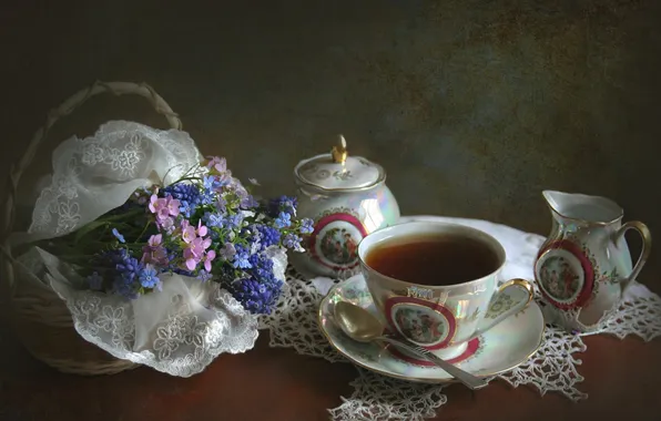 Flowers, comfort, tea, still life, tea set