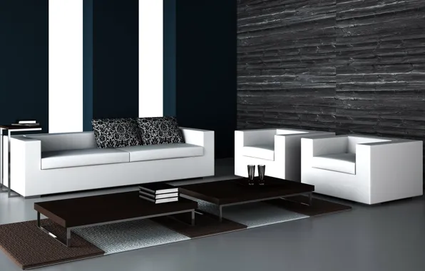 Picture design, sofa, chairs, table, black and white interior