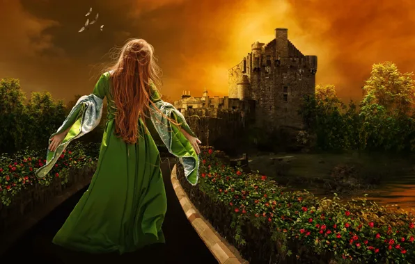 Girl, night, castle, garden, running