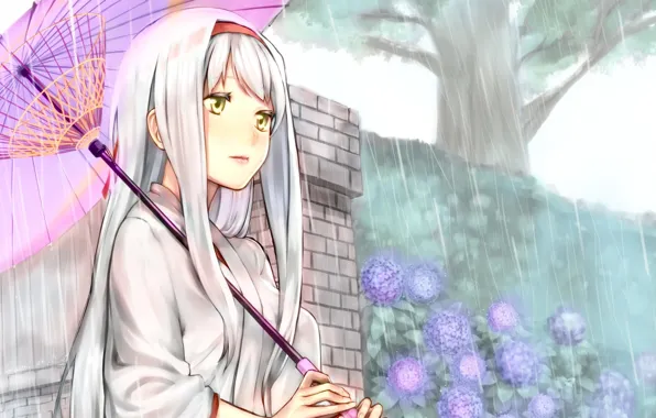 Picture girl, trees, rain, umbrella, long hair, hydrangea