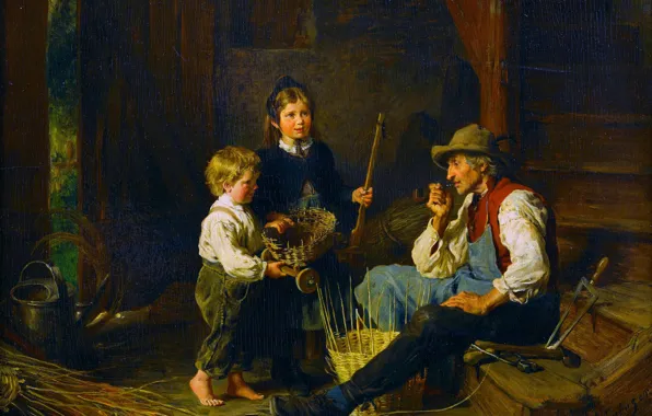 Picture Children, Picture, Male, Three, Felix Schlesinger, Felix Schlesinger, German painter, Baskets