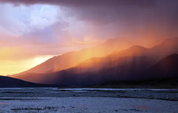Sunset, mountains, clouds, nature