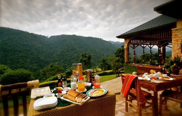 Mountains, restaurant, terrace, lunch, tables