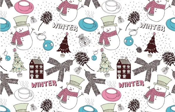 Picture winter, house, new year, ball, Christmas, Cup, snowman, tree