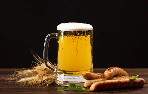 Foam, glass, sausage, beer, beer, hops, kupaty