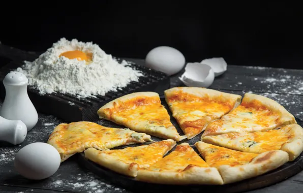 Picture egg, cheese, pizza, pizza, flour, the dough, cheese, 4 cheese