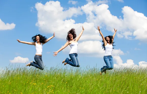 Picture greens, the sky, grass, the sun, clouds, joy, happiness, girls