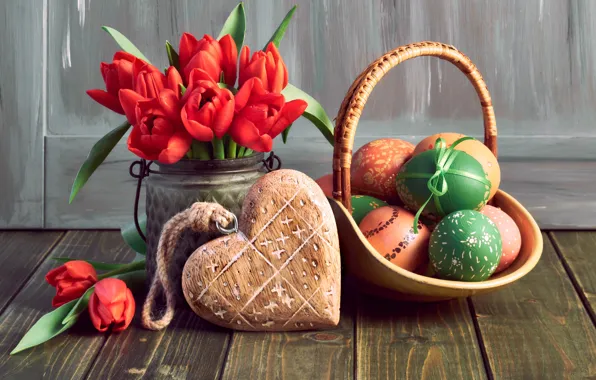 Picture flowers, eggs, spring, Easter, tulips, red, love, happy