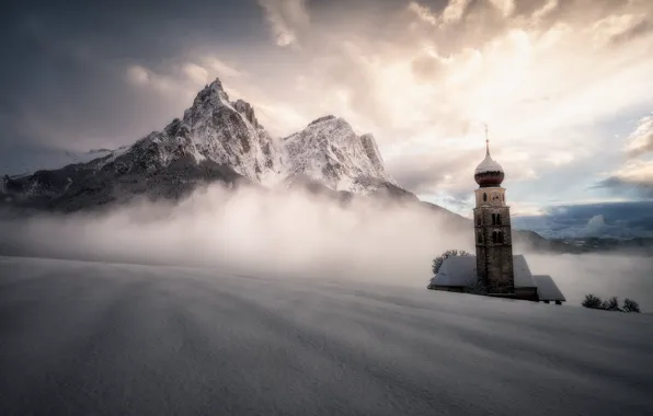 Winter, field, the sky, clouds, light, snow, fog, tops