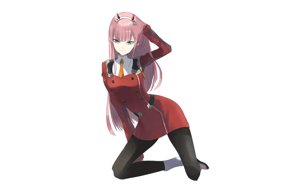 Girl, pose, anime, art, white background, horns, 002, Darling In The Frankxx