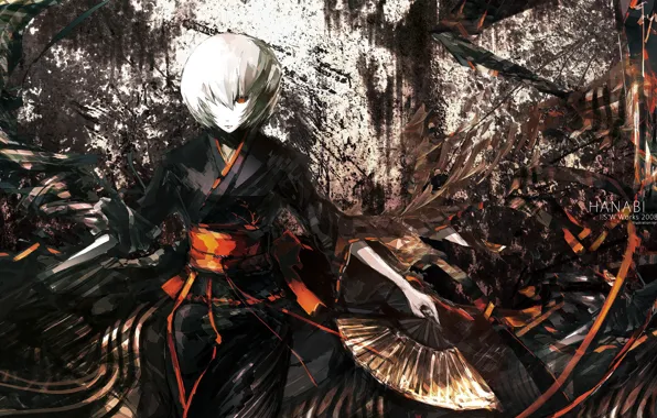 Strokes, fan, spot, geisha, kimono, white hair, art, bangs