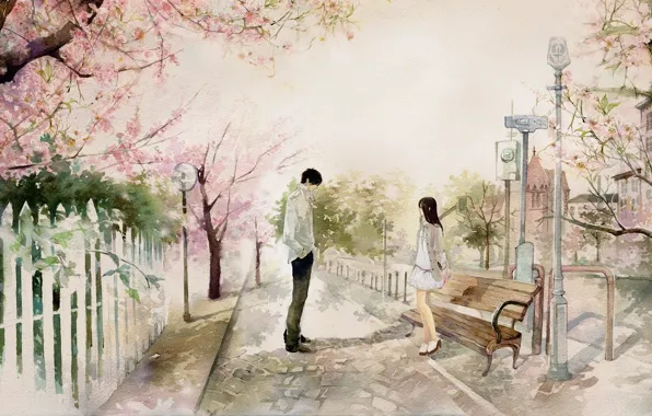 Picture girl, bench, the city, Park, Sakura, art, shop, guy