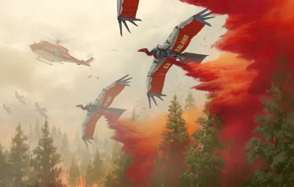 Forest, birds, fire, robot, art, helicopter, Robert Chew