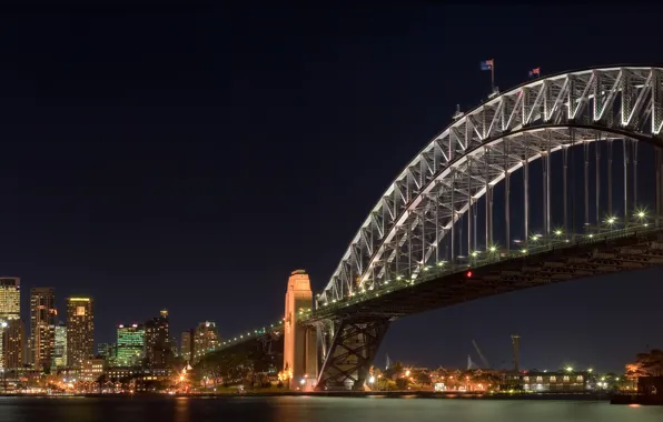 Night, bridge, lights, Sydney, Bay, Australia, bridge, harbour