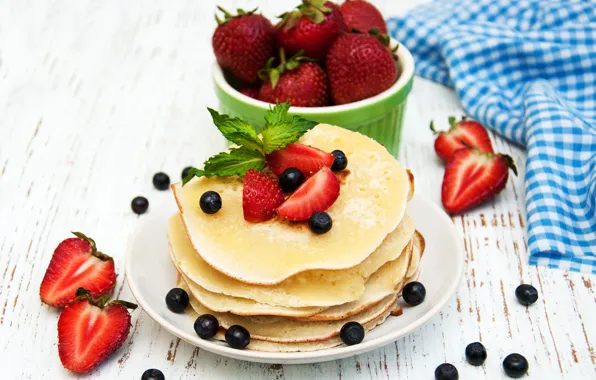 Strawberry, plate, mint, pancakes, zavtrak, Olena Rudo