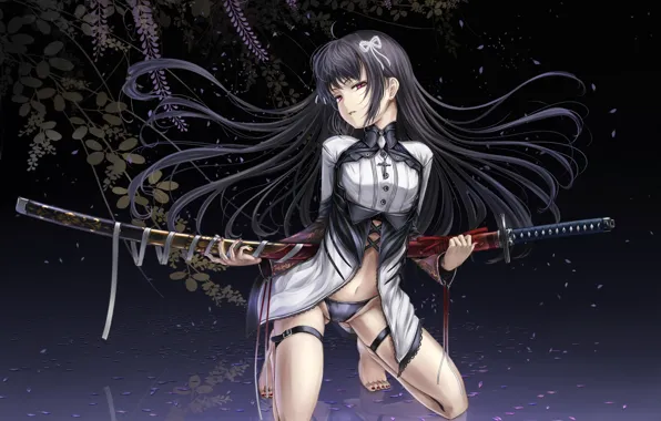 Look, pose, katana, petals, briefs, sword, long hair