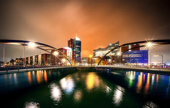 Night, lights, river, building, home, Germany, lights, bridges