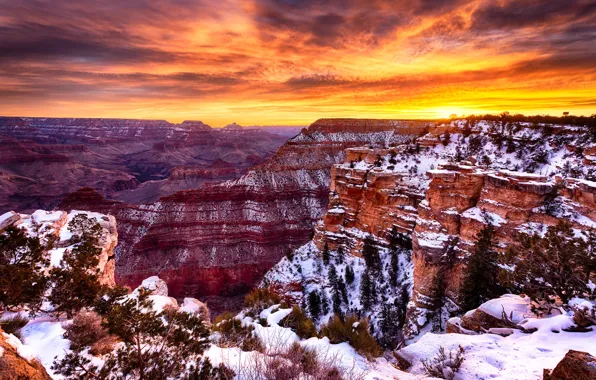 The sky, clouds, snow, sunset, canyon, USA, AZ, Grand Canyon