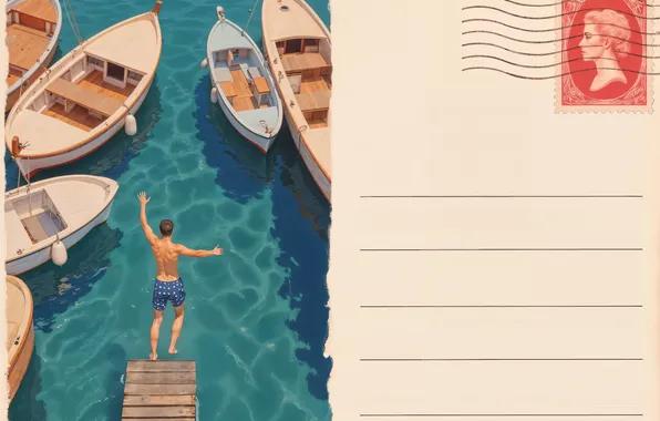 Sea, beach, pose, strip, jump, shore, people, boats