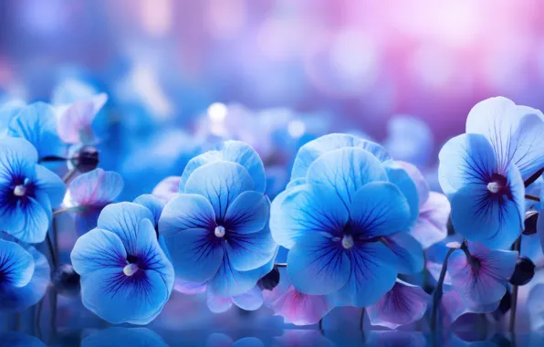Light, flowers, spring, blue, Pansy, flowerbed, blue, bokeh