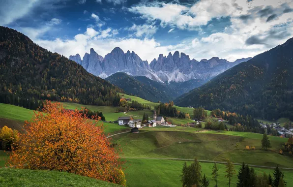Autumn, mountains, Italy, Church, Santa Magdalena, The Dolomites