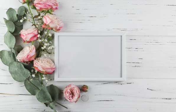 Picture white, flowers, background, roses, bouquet, frame, wood, composition