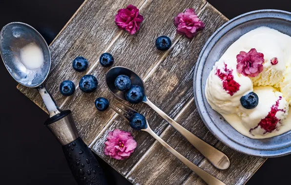 Berries, spoon, ice cream